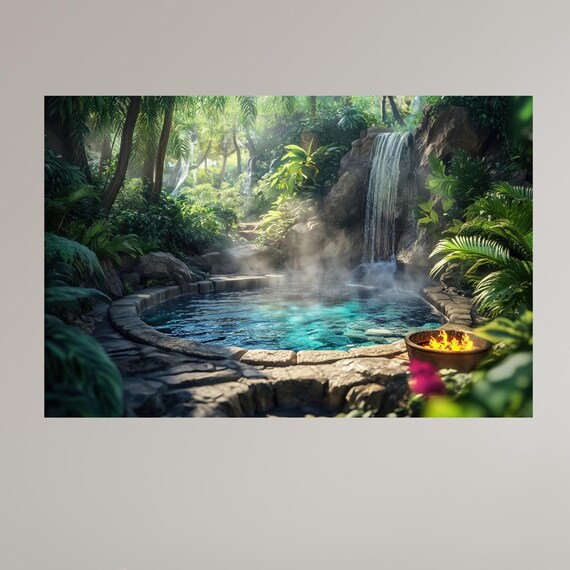 Tropical Garden Pool With Waterfall And Fire Bowl Lush Jungle Retreat Wall Art Serene Nature Escape Decor For Home