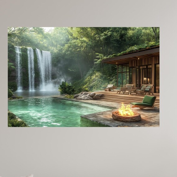 Modern Jungle Retreat Triple Waterfall Pool Green Roof Villa Poster