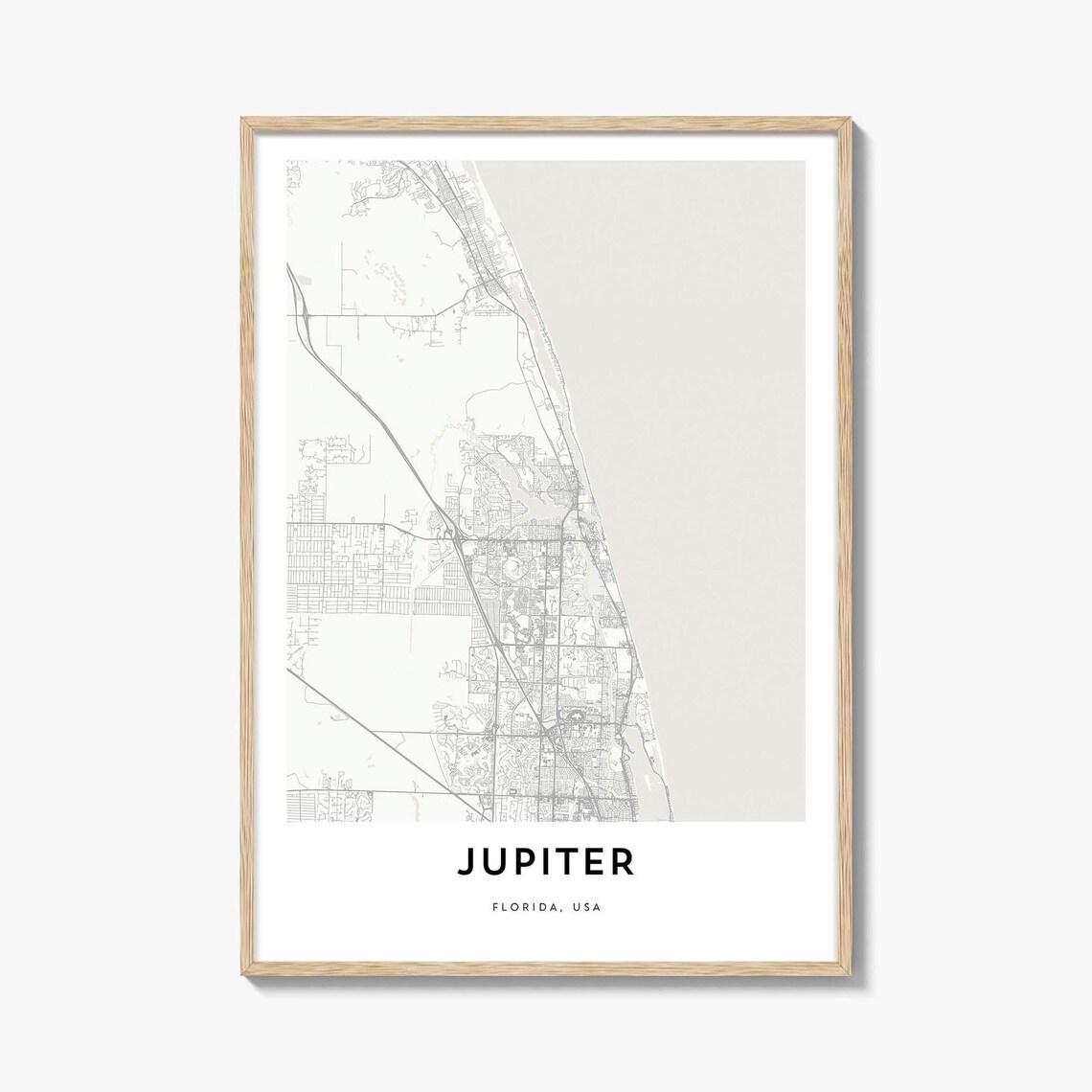 Jupiter Florida Map Poster, Light Cream Framed Minimal Coastal City Map Decor