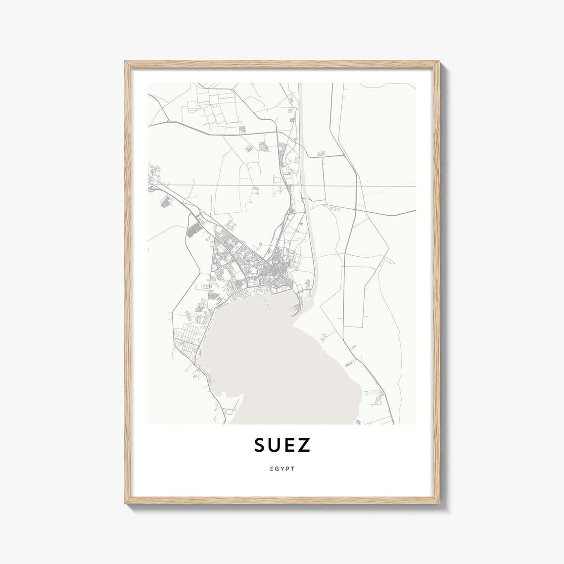 Suez Egypt Minimalist Street Map Poster With Light Wood Frame