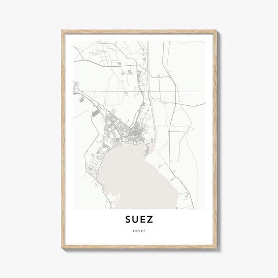 Suez Egypt Minimalist Street Map Poster With Light Wood Frame