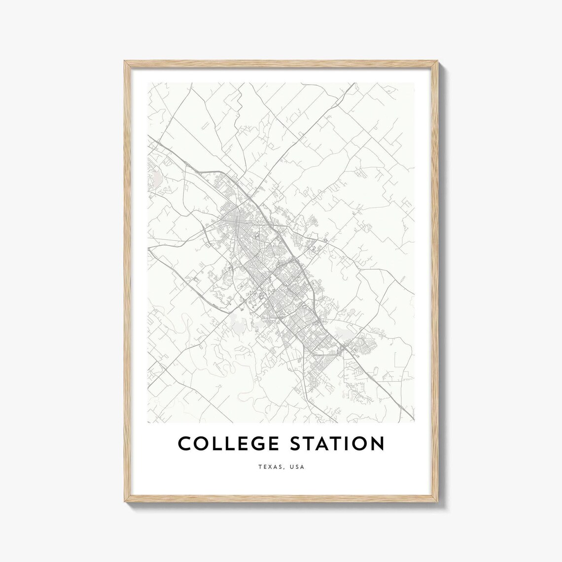 College Station Texas Map Poster, Cream Framed Minimal City Street Map Decor