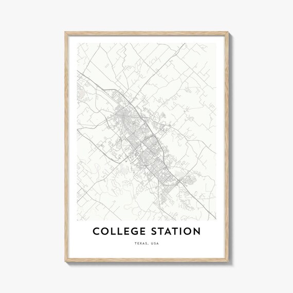 College Station Texas Map Poster, Cream Framed Minimal City Street Map Decor