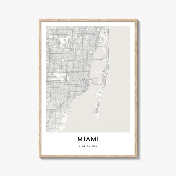Modern Miami Florida Coastal City Monochrome Street Map Poster