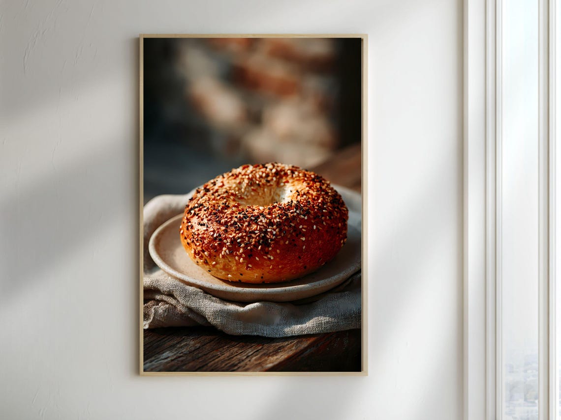 Golden Sesame Bagel Close Up Rustic Breakfast Still Life Poster