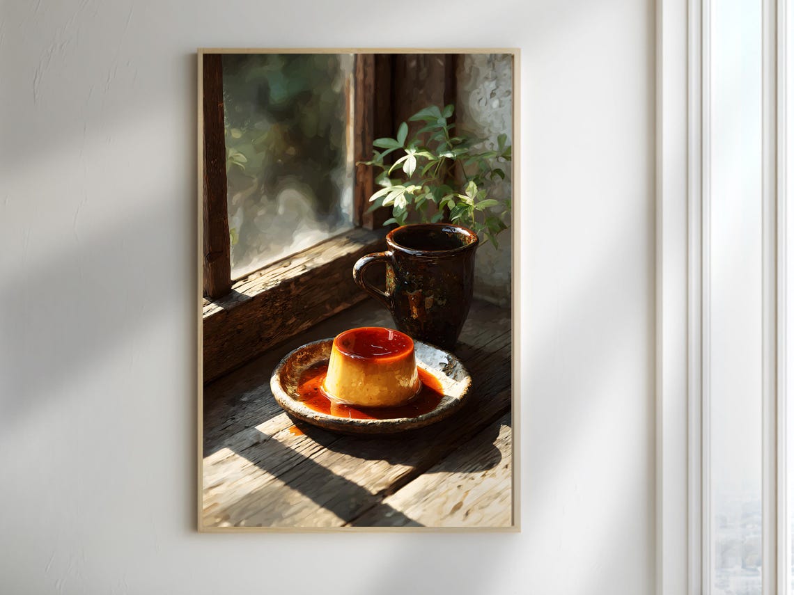 Japanese Caramel Custard With Coffee Sunlit Window Dessert Poster