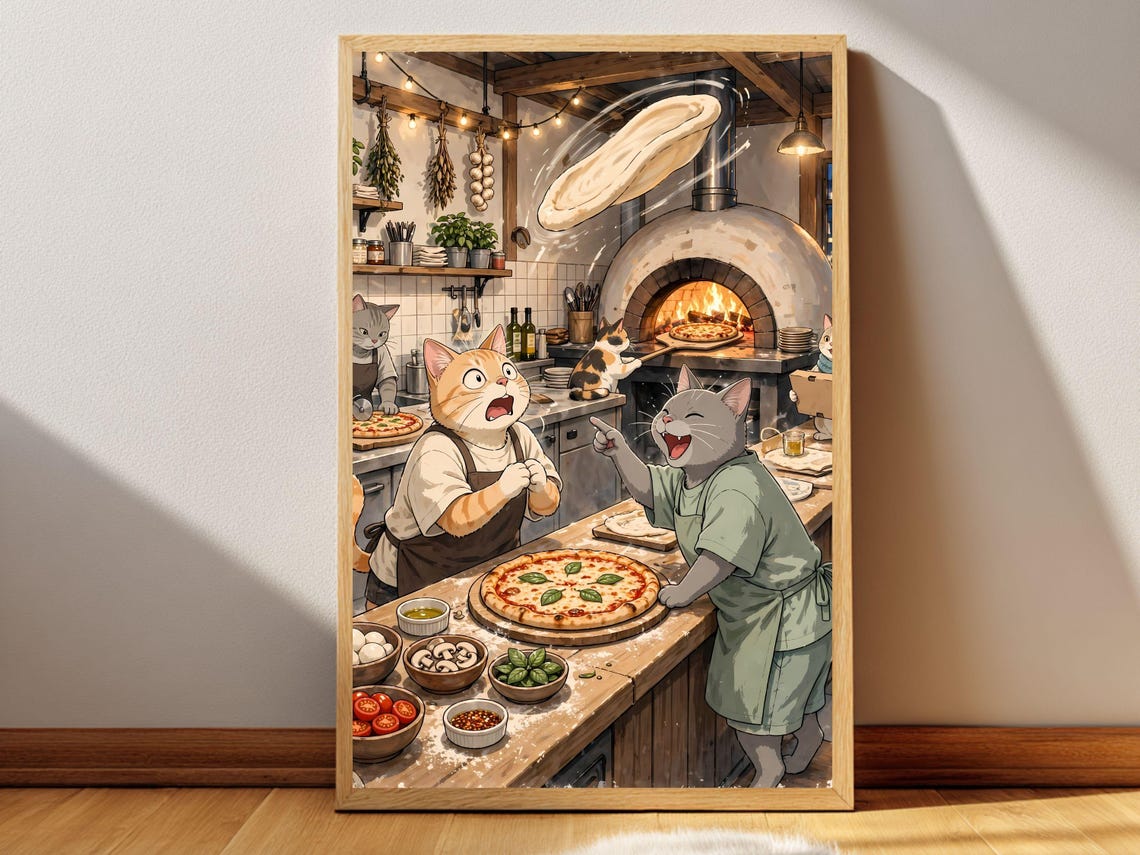 Pizza Night Cute Anime Cats Wood Fired Pizzeria Kitchen Art Poster
