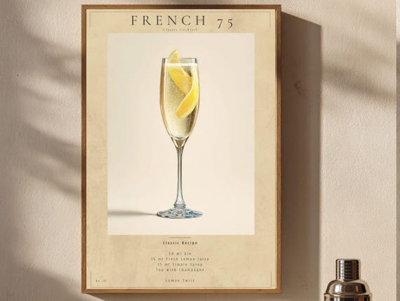 French 75 Poster Vintage Cocktail Wall Art Bar Cart Decor Printable Download