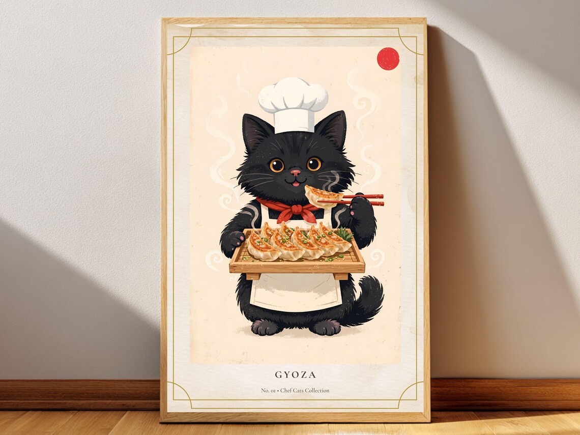 Gyoza Cat Chef Black Kitten With Dumpling Tray Japanese Art Poster