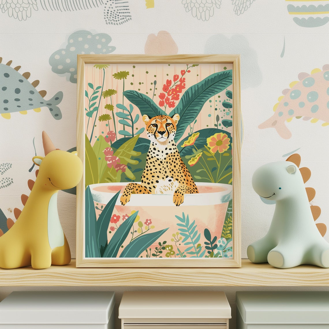 Cheetah in Bathtub Tropical Botanical Bathroom Animal Poster - Image 2