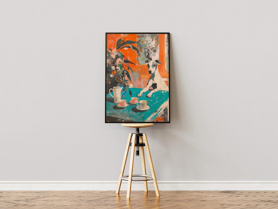 Whippet and Teacups on Teal Table Bold Orange Art Wall Poster - Image 3