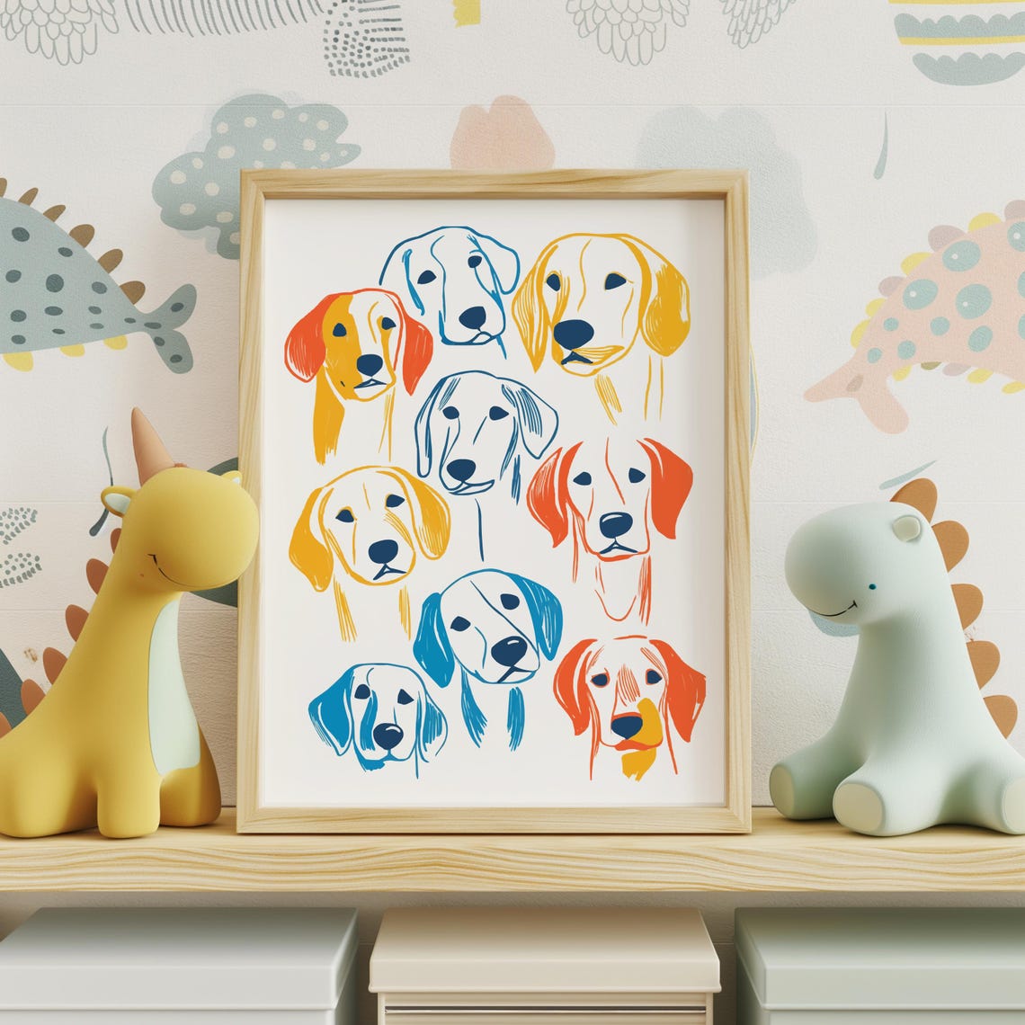 Nine Labrador Faces Orange Blue Line Cluster Poster Retriever Pack - Image 3