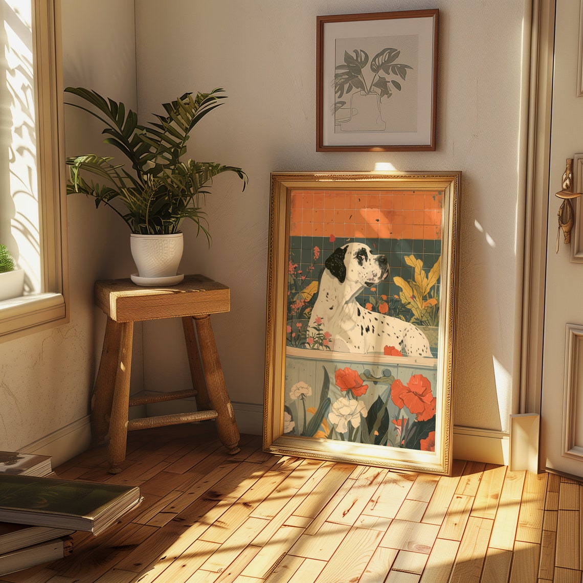 Harlequin Great Dane in Bathtub Orange Tiled Floral Dog Poster - Image 2