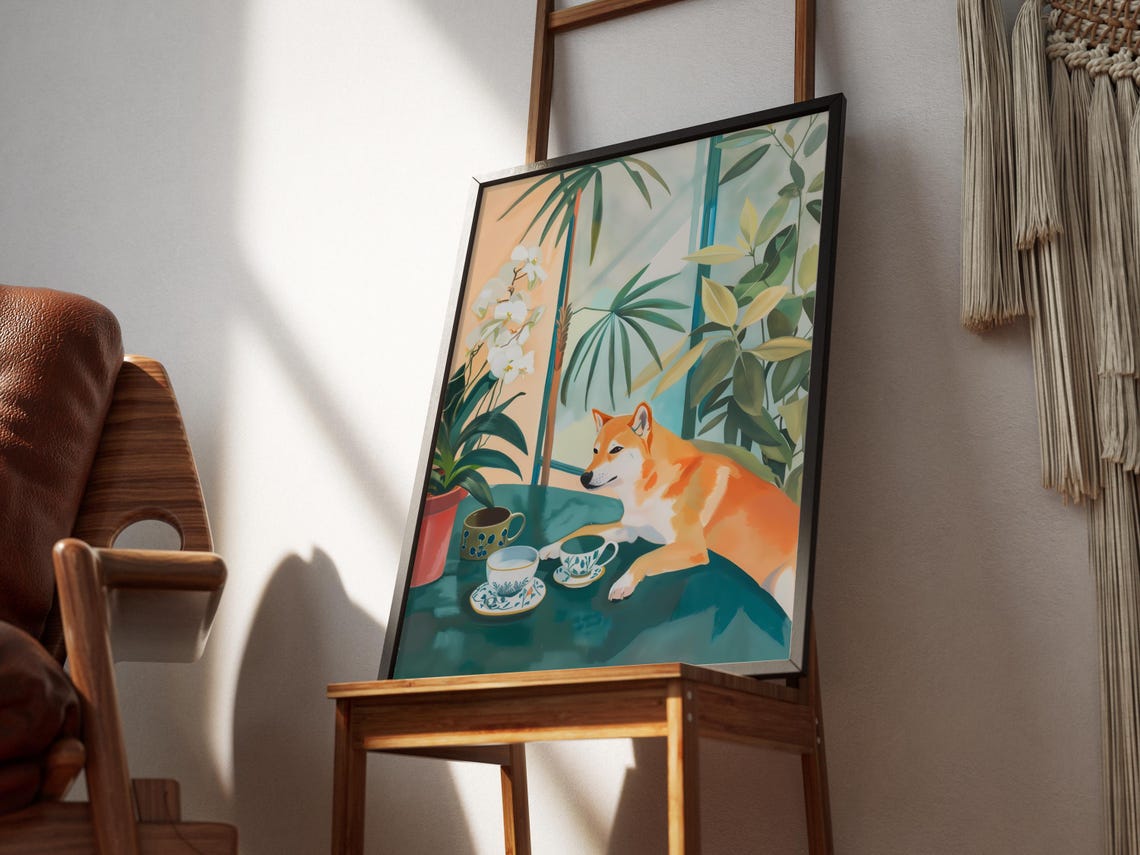 Shiba Inu Tea Time Poster With Tropical Botanical Table Setting Detail - Image 3
