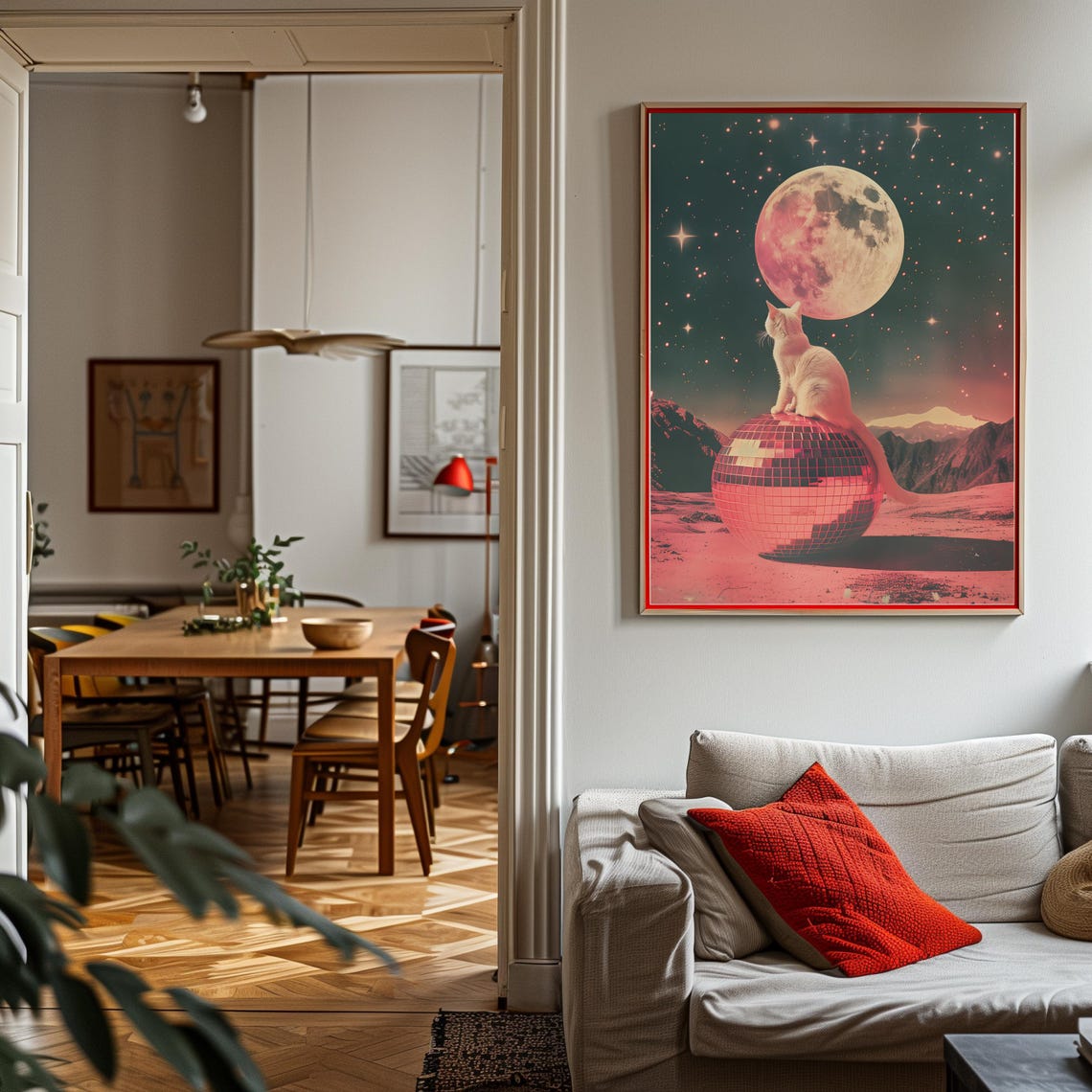 White Cat Disco Ball Pink Moon Starry Desert Poster Cosmic Decor - Image 2