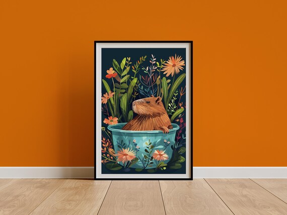 Capybara Floral Bathtub Poster With Boho Jungle Botanical Flowers