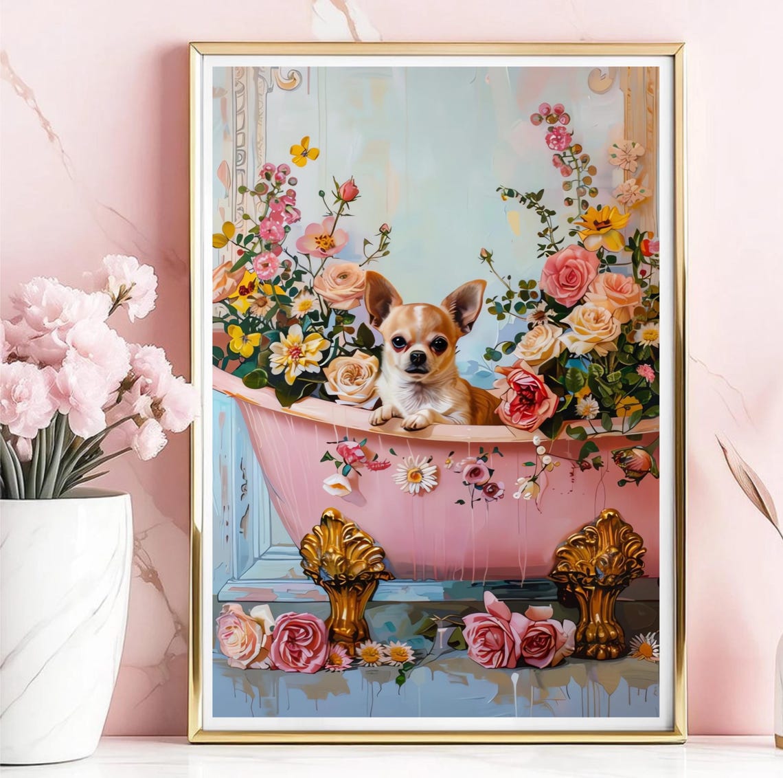 Cute Chihuahua In Pink Floral Bathtub Roses Bathroom Poster Art