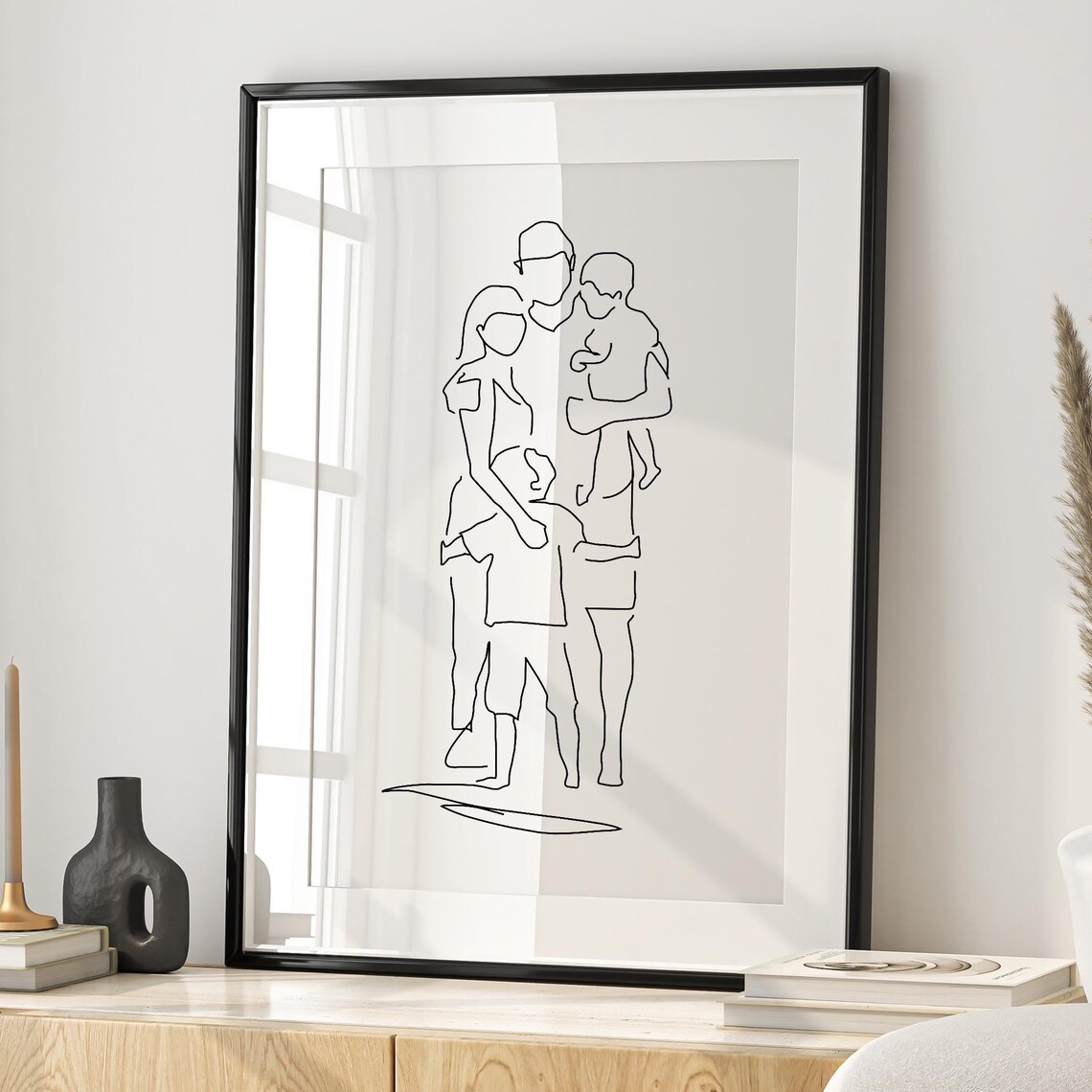 Happy Parents with Baby and Toddler Family Hug Line Art Poster