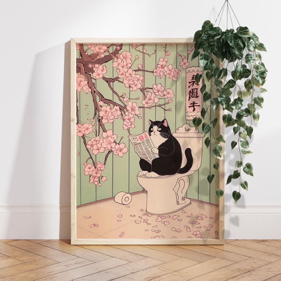 Tuxedo Cat on a Toilet Japanese Print Poster