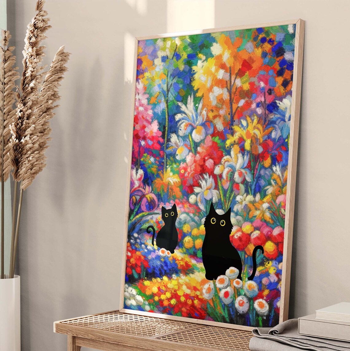 Two Black Cats In Vibrant Impressionist Wildflower Garden Art Poster - Image 2