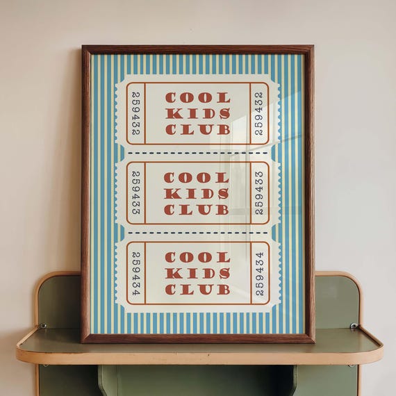 Cool Kids Club Poster Print Retro Ticket Wall Art Striped Nursery Decor Room Playroom Colorful Sign
