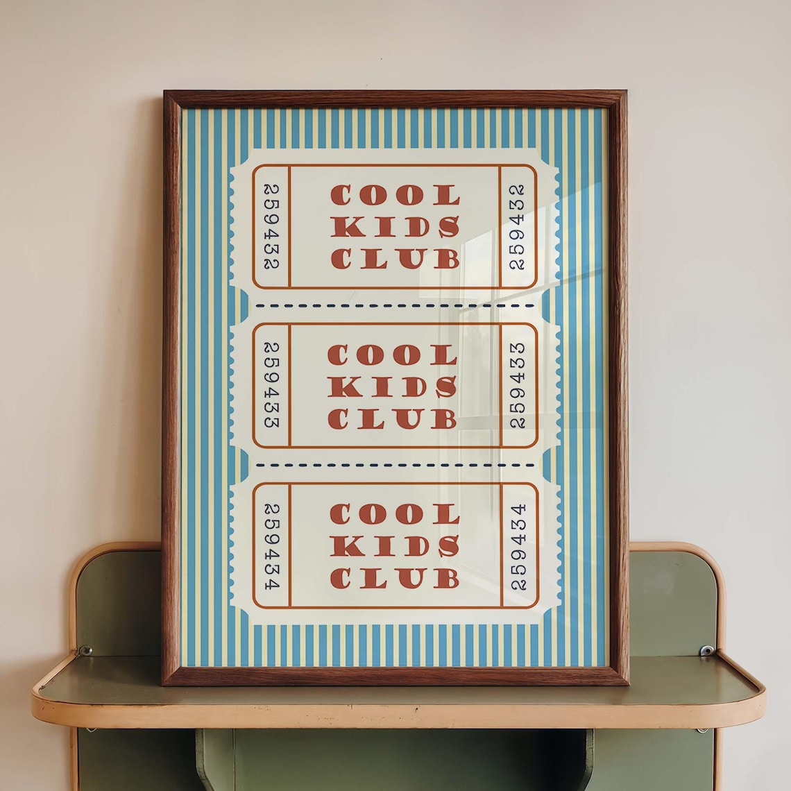 Cool Kids Club Retro Ticket Stub Blue Striped Nursery Poster