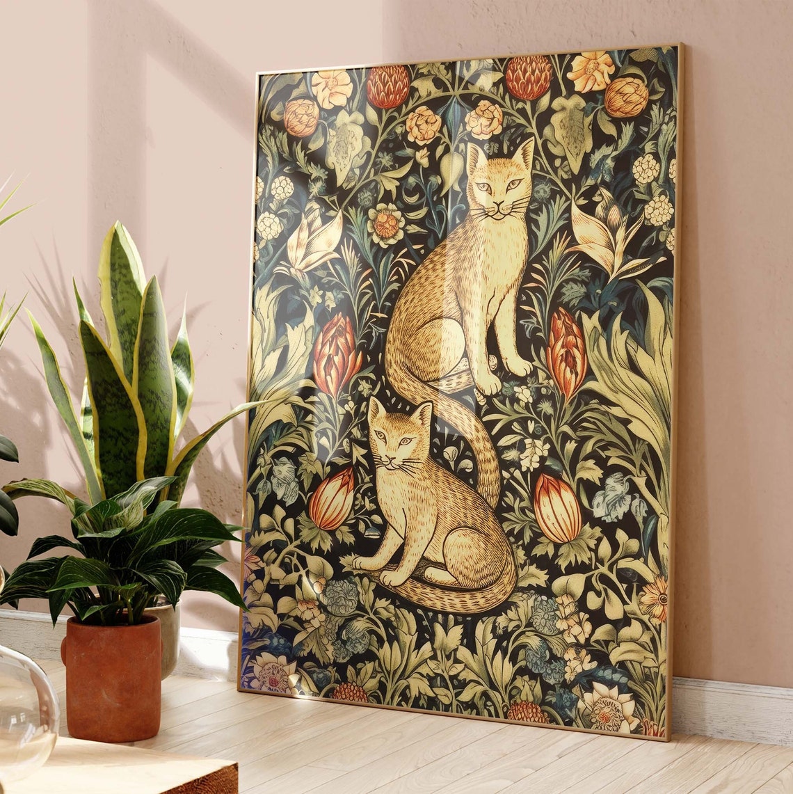 Two Tabby Cats In A William Morris Style Floral Tapestry Poster - Image 4