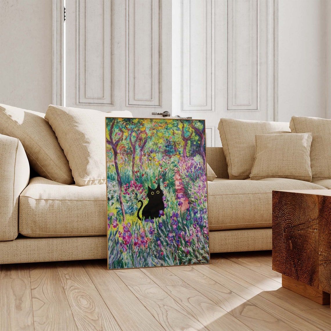 Black Cat In Monet Inspired Iris Garden Purple Bloom Field Art Poster - Image 4