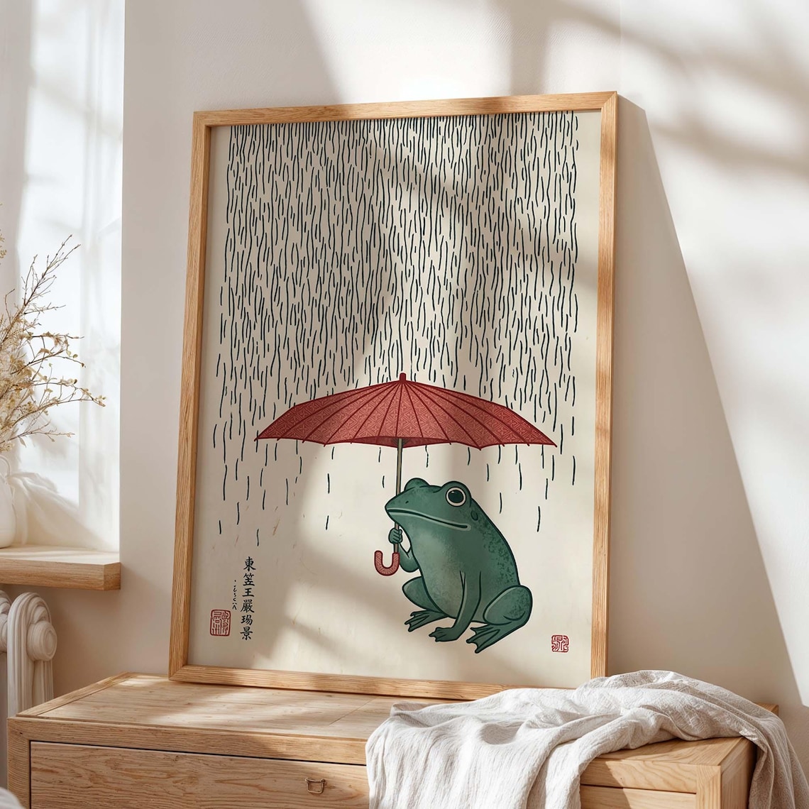 Japanese Frog With Umbrella, Woodblock Art Print