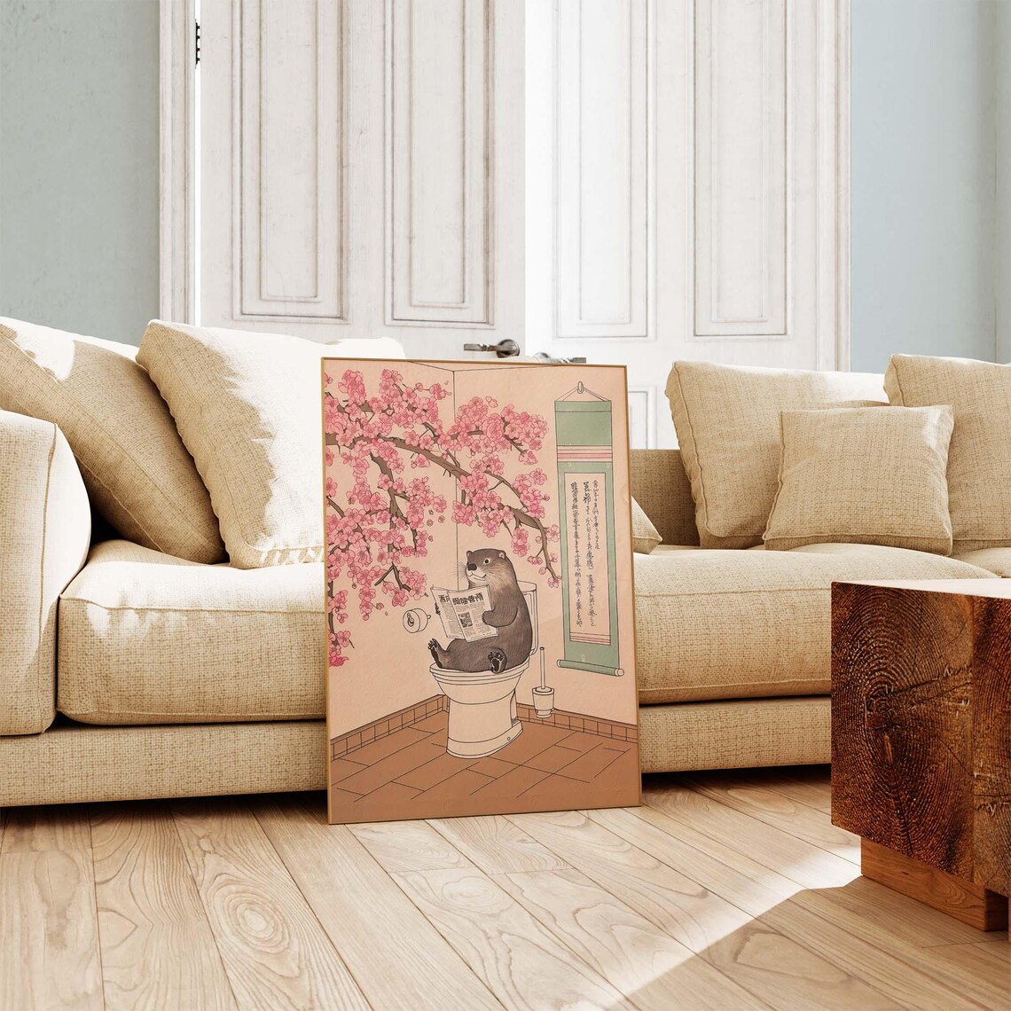 Otter Reading Newspaper On Toilet With Cherry Blossom Japan Poster - Image 3
