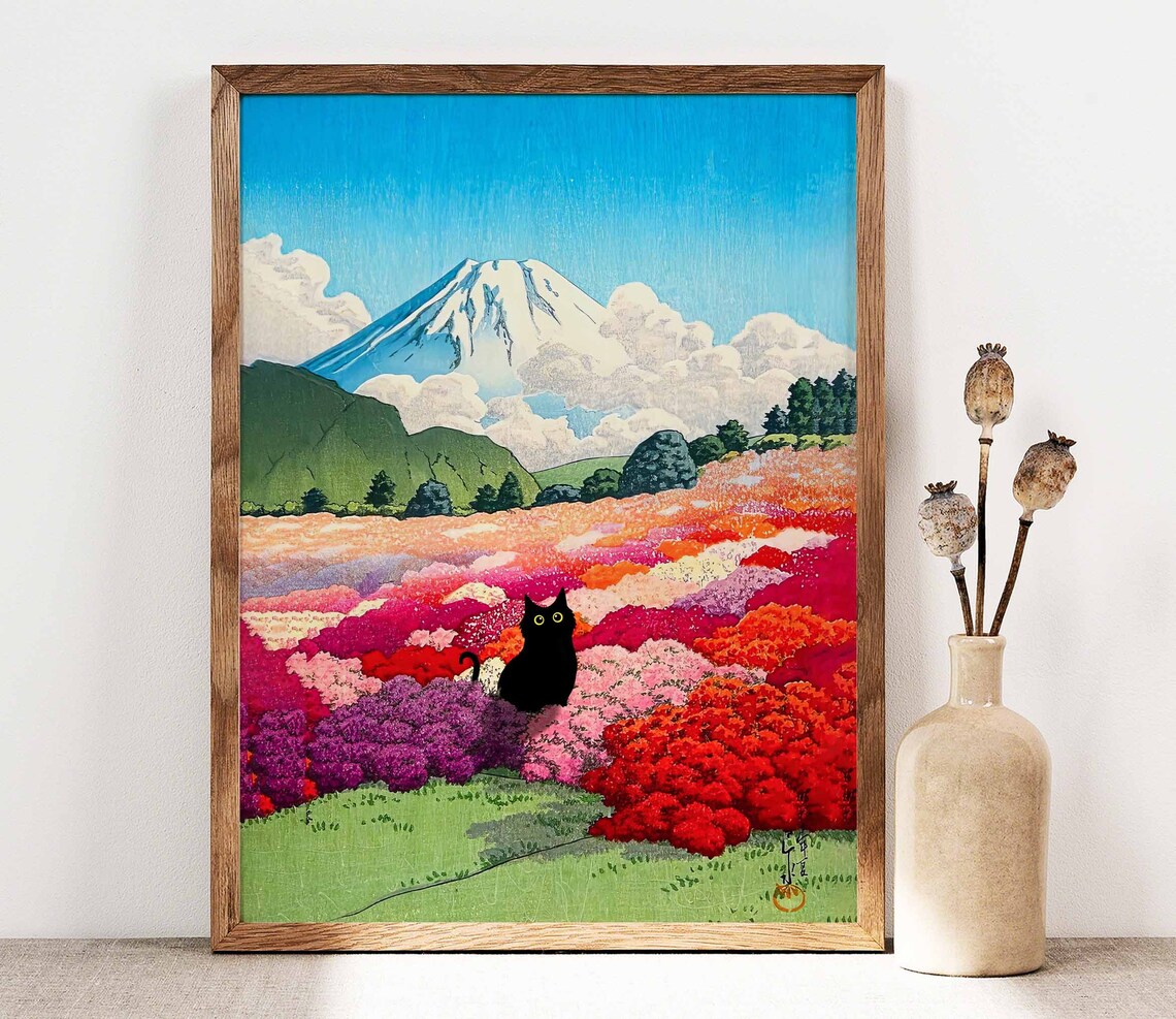 Black Cat Mount Fuji Japanese Art Print, Landscape