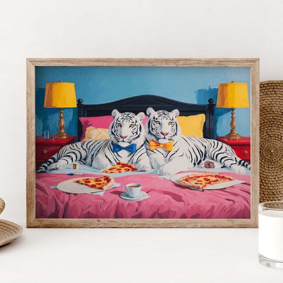 White Tiger Couple Eating Pizza Art Print Whimsical Bedroom Decor