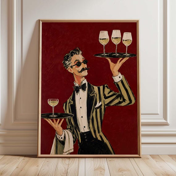 Vintage Waiter Oil Painting Print Beverage Poster Bar Wall Decor Retro Wine Glass Funny Kitchen Cafe Art