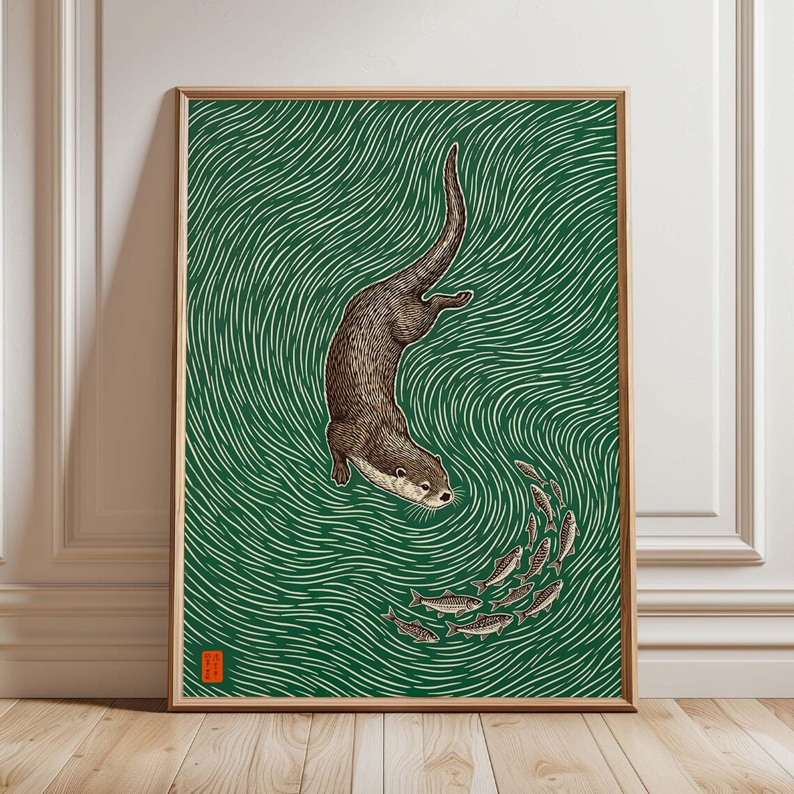 Otter Japanese Woodblock Style Wildlife Poster