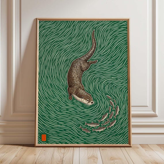 Otter Japanese Woodblock Style Wildlife Poster