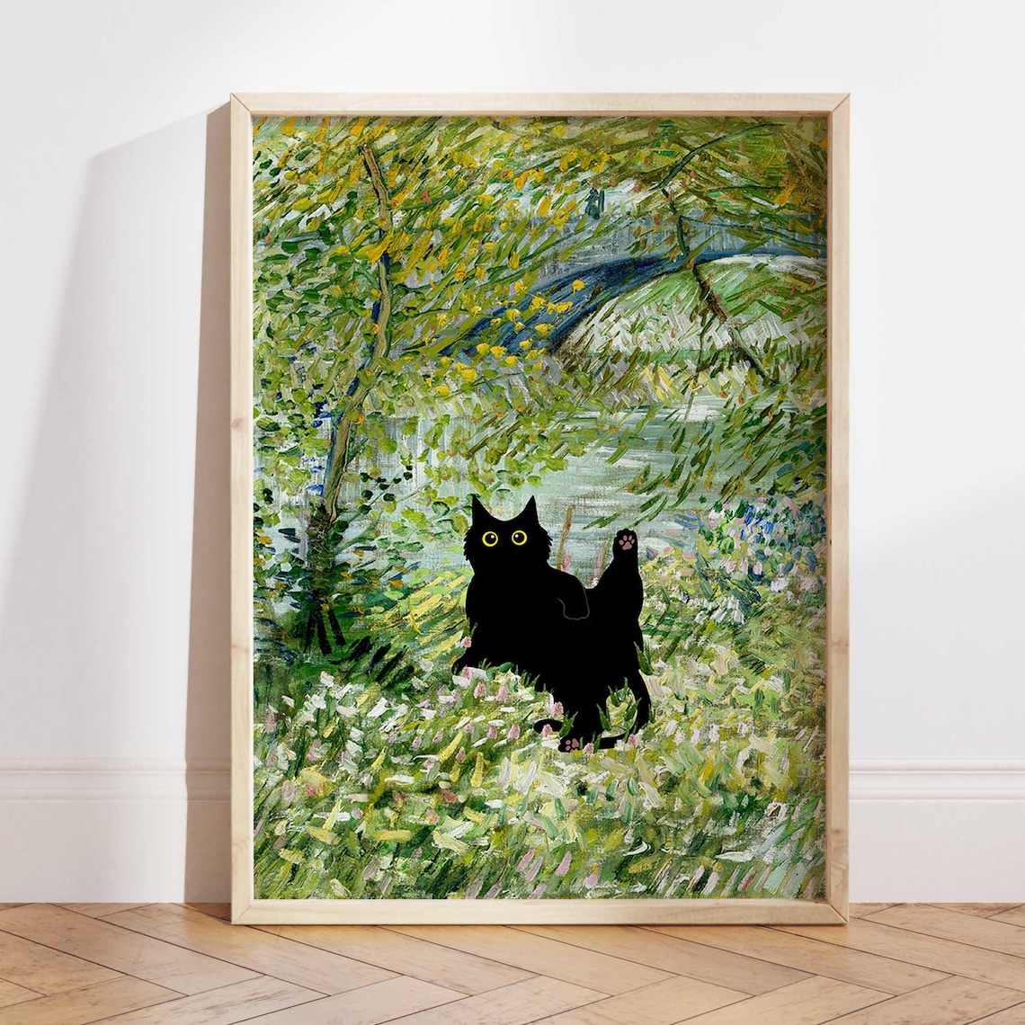 Black Cat Print, Van Gogh River Bank Springtime