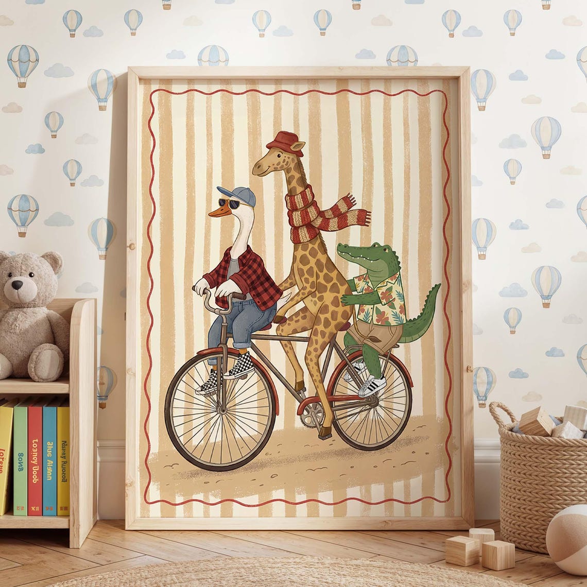 Giraffe Duck and Crocodile Riding a Bicycle Nursery Art Poster