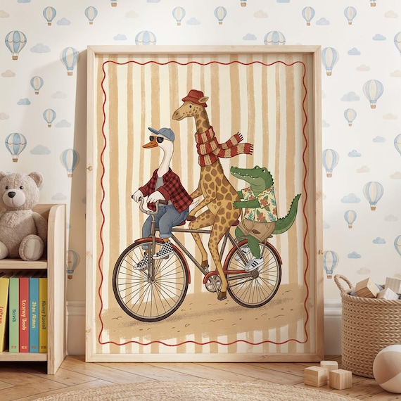 Giraffe Duck and Crocodile Riding a Bicycle Nursery Art Poster