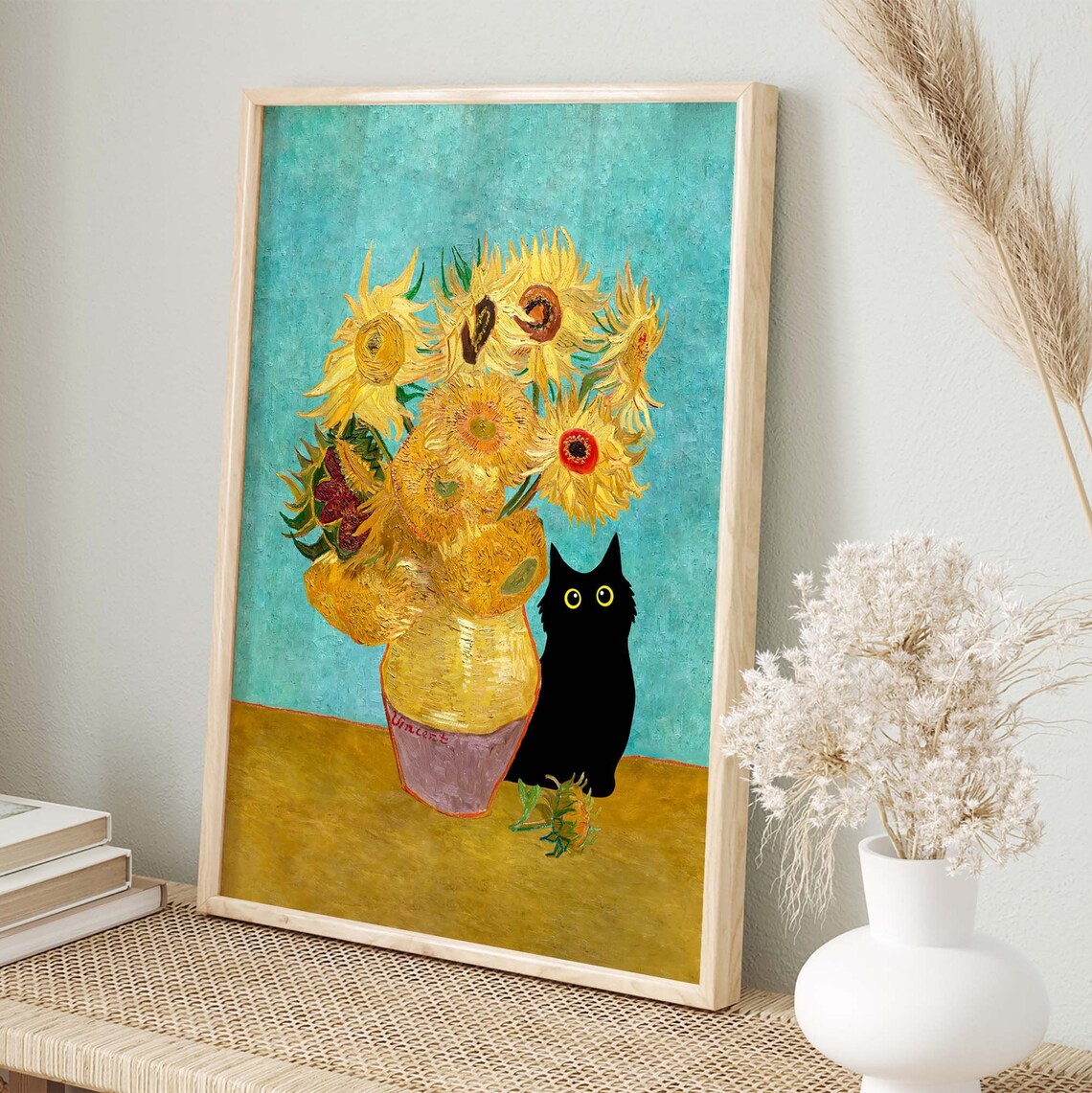 Black Cat Beside Van Gogh Sunflowers Vase Teal Background Classic Poster - Image 2