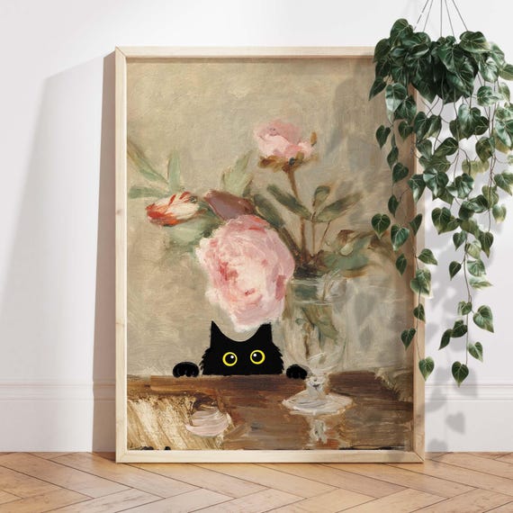 Floral Cat Poster Gift Black Peeking Wall Art Vintage Flower Painting With Cute Decor Lover Fine Print Ps0767