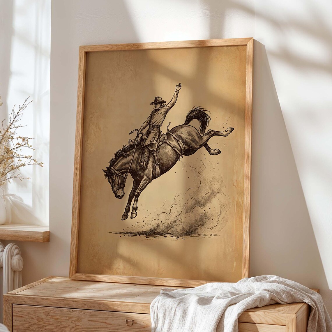 Cowboy Riding a Bucking Bronco Vintage Western Sketch Art Poster