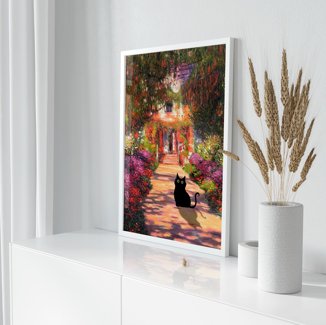 Black Cat on Flower Lined Garden Path Monet Style Art Poster - Image 2