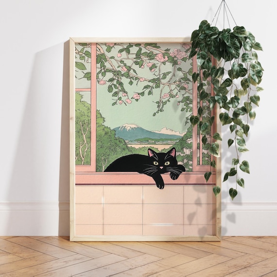 Black Cat And Mount Fuji Japanese Art Print