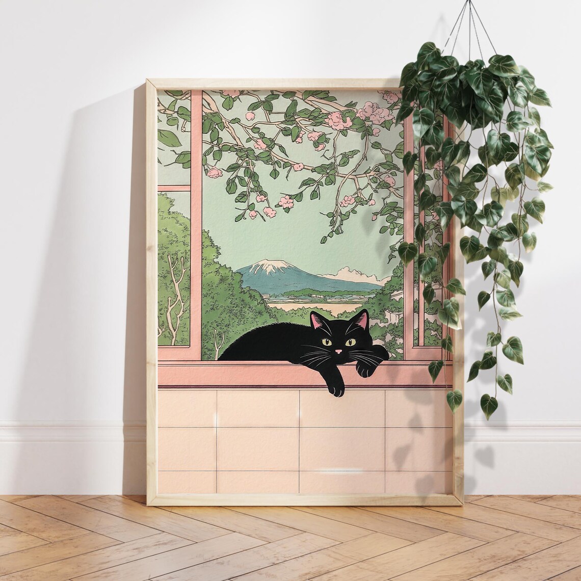 Black Cat And Mount Fuji Japanese Art Print