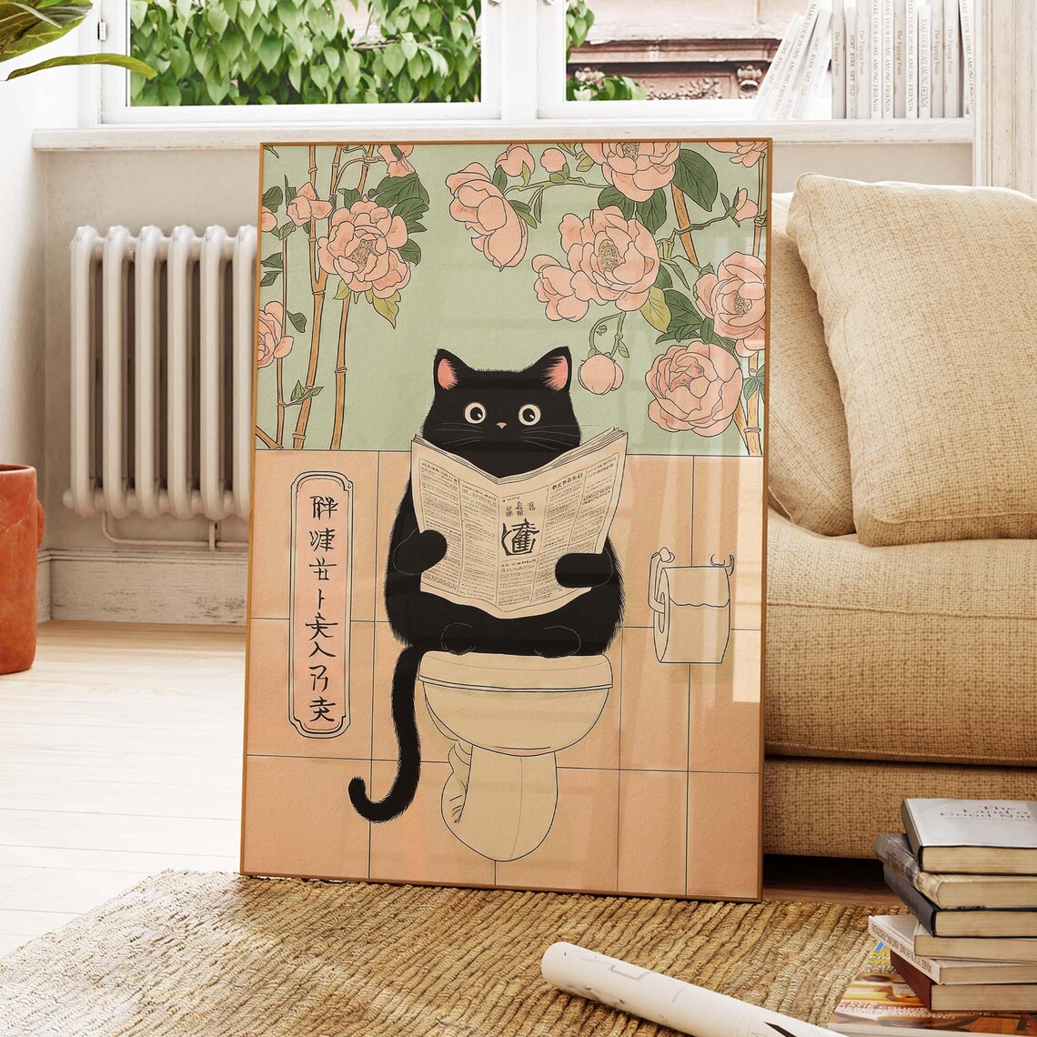 Japanese Black Cat On Toilet Reading Newspaper With Peonies Poster - Image 4
