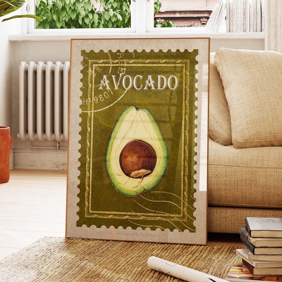 Vintage Inspired Avocado Poster Classic Postage Stamp Design Retro Olive Green Wall Art Kitchen Decor With Gold Accents Food Art St06