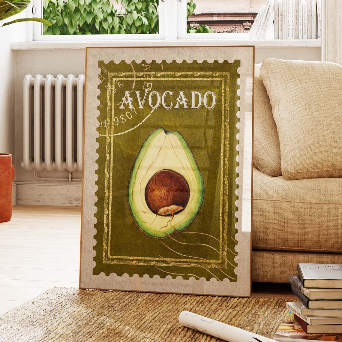 Vintage Avocado Postage Stamp Style Olive Green Kitchen Print