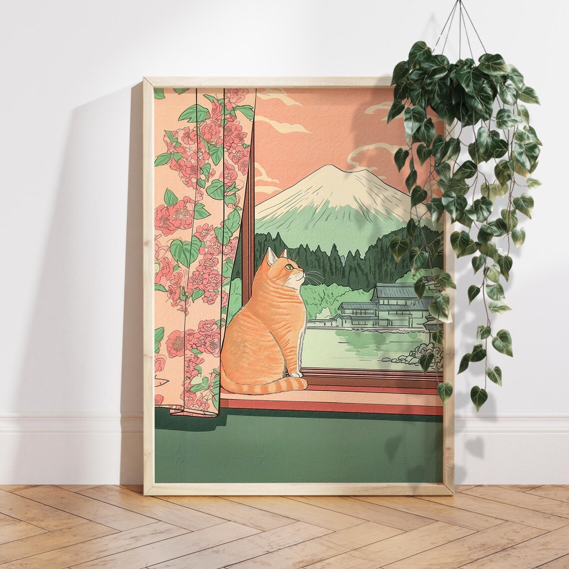 Orange Cat And Mount Fuji Japanese Art Print