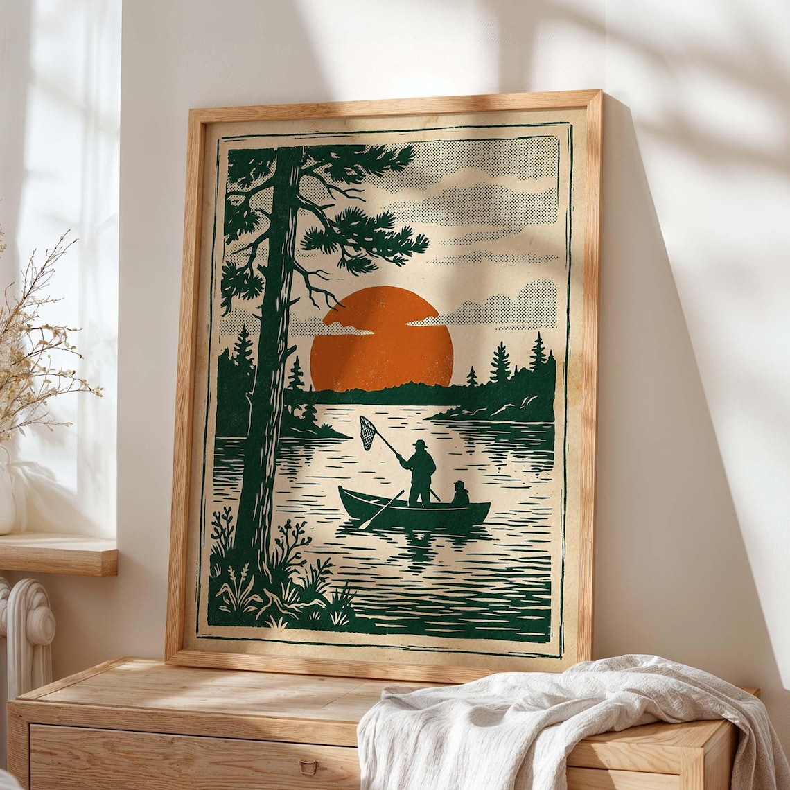 Fishing Poster Retro Linocut Lake Art Print