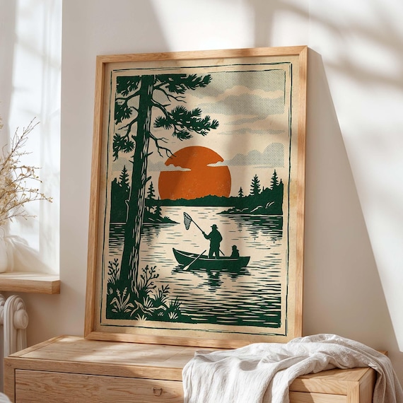 Fishing Poster Retro Linocut Lake Art Print